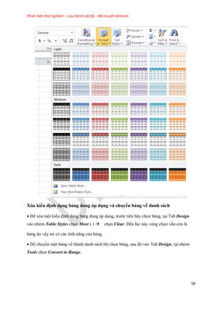 Phiên bản thử nghiệm – Lưu hành nội bộ - Microsoft Vietnam
58
Xóa kiểu định dạng bảng đang áp dụng và chuyển bảng về danh sách
Để xóa một kiểu định dạng bảng đang áp dụng, trước tiên hãy ch n bảng, tại Tab Design
vào nhóm Table Styles ch n More ( ) ch n Clear. Đ n lúc này vùng ch n vẫn còn là
bảng do vậy nó có các tính năng của bảng.
Để chuyển một bảng về thành danh sách thì ch n bảng, sau đó vào Tab Design, tại nhóm
Tools ch n Convert to Range.
 