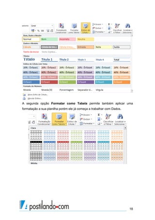 18
A segunda opção Formatar como Tabela permite também aplicar uma
formatação a sua planilha porém ele já começa a trabalhar com Dados.
 