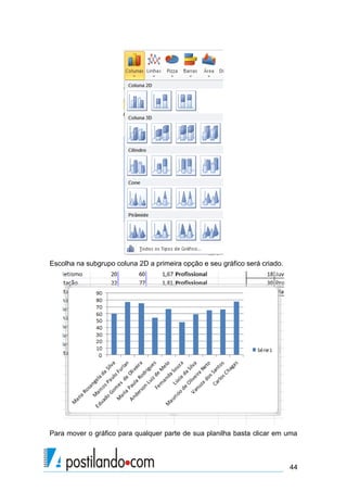 44
Escolha na subgrupo coluna 2D a primeira opção e seu gráfico será criado.
Para mover o gráfico para qualquer parte de sua planilha basta clicar em uma
 