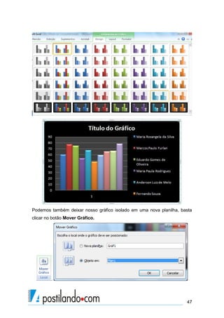 47
Podemos também deixar nosso gráfico isolado em uma nova planilha, basta
clicar no botão Mover Gráfico.
 