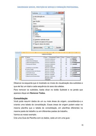 SINCERIDADE SERVICE, PRESTÇÃO DE SERVIÇO E FORMAÇÃO PROFISSIONAL.

Observe na esquerda que é mostrado os níveis de visualização dos subtotais e
que ele faz um total a cada sequência do sexo dos atletas.
Para remover os subtotais, basta clicar no botão Subtotal e na janela que
aparece clique em Remover Todos.

Consolidação
Você pode resumir dados de um ou mais áreas de origem, consolidando-o e
criando uma tabela de consolidação. Essas áreas de origem podem estar na
mesma planilha que a tabela de consolidação, em planilhas diferentes na
mesma pasta de trabalho ou em diferentes pastas de trabalho.
Vamos ao nosso exemplo.
Crie uma Guia de Planilha com os dados, cada um em uma guia:

36

 