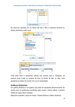 SINCERIDADE SERVICE, PRESTÇÃO DE SERVIÇO E FORMAÇÃO PROFISSIONAL.

Ao clicar por exemplo em um Nome ele fará o filtro e mostrara somente os
dados referentes a este nome

Você pode filtrar e apresentar valores dos campos sexo e Categoria, se
precisar pode mudar os campos de local na direita da tela, ou seja, você
apresenta os dados de acordo com a sua necessidade.

Gráficos Dinâmicos
Um gráfico dinâmico é um gráfico que pode ser atualizado dinamicamente, de
acordo com os parâmetros escolhidos pelo usuário. Vamos utilizar a planilha
criada em nosso último exemplo.
Selecione a planilha, clique em Inserir, Tabela Dinâmica, Gráfico Dinâmico.
43

 