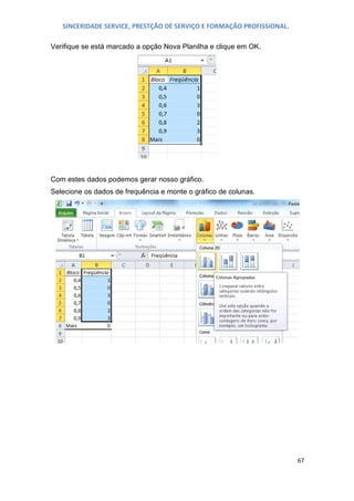 SINCERIDADE SERVICE, PRESTÇÃO DE SERVIÇO E FORMAÇÃO PROFISSIONAL.
Verifique se está marcado a opção Nova Planilha e clique em OK.

Com estes dados podemos gerar nosso gráfico.
Selecione os dados de frequência e monte o gráfico de colunas.

67

 