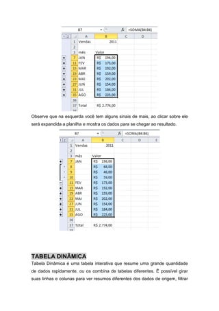 Observe que na esquerda você tem alguns sinais de mais, ao clicar sobre ele
será expandida a planilha e mostra os dados para se chegar ao resultado.

TABELA DINÂMICA
Tabela Dinâmica é uma tabela interativa que resume uma grande quantidade
de dados rapidamente, ou os combina de tabelas diferentes. É possível girar
suas linhas e colunas para ver resumos diferentes dos dados de origem, filtrar

 