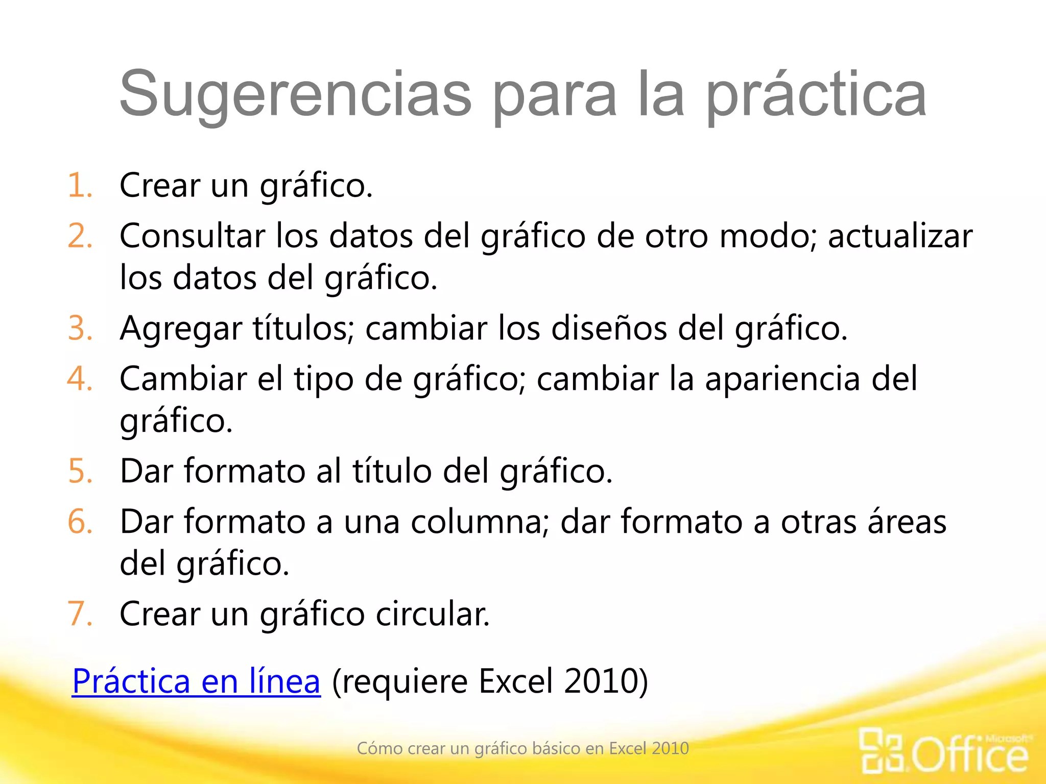 Sugerencias para la práctica
1. Crear un gráfico.
2. Consultar los datos del gráfico de otro modo; actualizar
los datos del gráfico.
3. Agregar títulos; cambiar los diseños del gráfico.
4. Cambiar el tipo de gráfico; cambiar la apariencia del
gráfico.
5. Dar formato al título del gráfico.
6. Dar formato a una columna; dar formato a otras áreas
del gráfico.
7. Crear un gráfico circular.
Práctica en línea (requiere Excel 2010)
Cómo crear un gráfico básico en Excel 2010
 