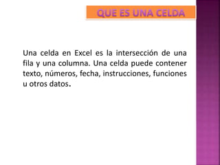 Una celda en Excel es la intersección de una
fila y una columna. Una celda puede contener
texto, números, fecha, instrucciones, funciones
u otros datos.
 