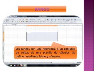 Los rangos son una referencia a un conjunto
de celdas de una planilla de cálculos. Se
definen mediante letras y números.
 