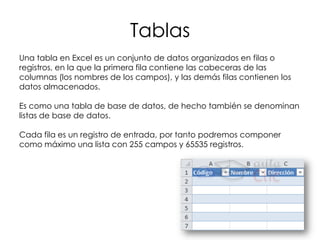 Tablas
Una tabla en Excel es un conjunto de datos organizados en filas o
registros, en la que la primera fila contiene las cabeceras de las
columnas (los nombres de los campos), y las demás filas contienen los
datos almacenados.

Es como una tabla de base de datos, de hecho también se denominan
listas de base de datos.

Cada fila es un registro de entrada, por tanto podremos componer
como máximo una lista con 255 campos y 65535 registros.
 