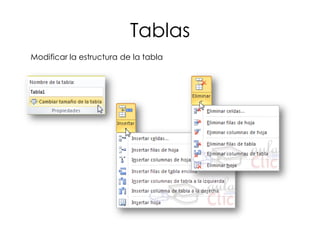 Tablas
Modificar la estructura de la tabla
 