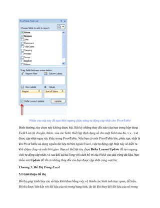 Nhấn vào nút này để tạm thời ngưng chức năng t động cập nhật cho PivotTable

Bình thường, tùy ch n này không được bật. Bất kỳ những thay đổi nào của bạn trong hộp thoại
Field List (di chuyển, thêm, xóa các field, thi t lập định dạng s cho một field nào đó, v.v...) sẽ
được cập nhật ngay tức khắc trong PivotTable. N u bạn có môt PivotTable lớn, phức tạp, nhất là
khi PivotTable sử dụng nguồn dữ liệu từ bên ngoài Excel, việc t động cập nhật này sẽ diễn ra
khá chậm chạp và mất thời gian. Bạn có thể bật tùy ch n Defer Layout Update để tạm ngưng
việc t động cập nhật, và sau khi đã hài lòng với cách b trí các Field vào các vùng dữ liệu, bạn
nhấn nút Update để tất cả những thay đổi của bạn được cập nhật cùng một lúc.

Chương 5: Đồ Thị Trong Excel

5.1 Giới thiệu đồ thị

Đồ thị giúp trình bày các s liệu khô khan bằng việc vẽ thành các hình ảnh tr c quan, dễ hiểu.
Đồ thị được liên k t với dữ liệu của nó trong bảng tính, do đó khi thay đổi dữ liệu của nó trong
 