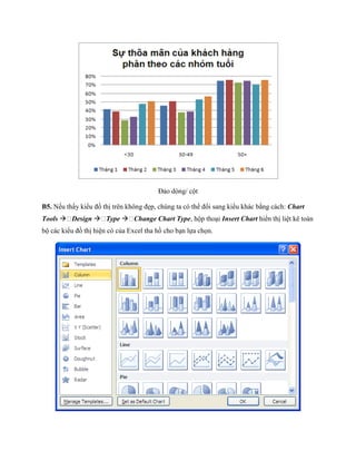 Đảo dòng/ cột

B5. N u thấy kiểu đồ thị trên không đẹp, chúng ta có thể đổi sang kiểu khác bằng cách: Chart
Tools  Design  Type  Change Chart Type, hộp thoại Insert Chart hiển thị liệt kê toàn
bộ các kiểu đồ thị hiện có của Excel tha hồ cho bạn l a ch n.
 