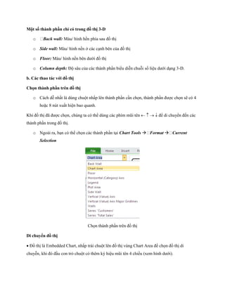 Một số thành phần chỉ có trong đồ thị 3-D

   o     Back wall: Màu/ hình hền phía sau đồ thị

   o Side wall: Màu/ hình nền ở các cạnh bên của đồ thị

   o Floor: Màu/ hình nền bên dưới đồ thị

   o Column depth: Độ sâu của các thành phần biểu diễn chuỗi s liệu dưới dạng 3-D.

b. Các thao tác với đồ thị

Chọn thành phần trên đồ thị

   o Cách dễ nhất là dùng chuột nhấp lên thành phần cần ch n, thành phần được ch n sẽ có 4
       hoặc 8 nút xuất hiện bao quanh.

Khi đồ thị đã được ch n, chúng ta có thể dùng các phím mũi tên để di chuyển đ n các
thành phần trong đồ thị.

   o Ngoài ra, bạn có thể ch n các thành phần tại Chart Tools  Format  Current
       Selection




                                  Ch n thành phần trên đồ thị

Di chuyển đồ thị

Đồ thị là Embedded Chart, nhấp trái chuột lên đồ thị vùng Chart Area để ch n đồ thị di
chuyễn, khi đó đầu con trỏ chuột có thêm ký hiệu mũi tên 4 chiều (xem hình dưới).
 