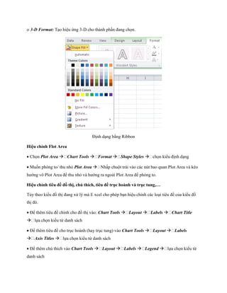  3-D Format: Tạo hiệu ứng 3-D cho thành phần đang ch n.




                                    Định dạng bằng Ribbon

Hiệu chỉnh Flot Area

 Ch n Plot Area  Chart Tools  Format  Shape Styles  ch n kiểu định dạng

Mu n phóng to/ thu nhỏ Plot Area  Nhấp chuột trái vào các nút bao quan Plot Area và kéo
hướng vô Plot Area để thu nhỏ và hướng ra ngoài Plot Area để phóng to.

Hiệu chỉnh tiêu đề đồ thị chú thích tiêu đề trục hoành và trục tung

Tùy theo kiểu đồ thị đang xử lý mà E xcel cho phép bạn hiệu chỉnh các loại tiêu đề của kiểu đồ
thị đó.

 Để thêm tiêu đề chính cho đồ thị vào: Chart Tools  Layout  Labels  Chart Title
 l a ch n kiểu từ danh sách

 Để thêm tiêu đề cho trục hoành (hay trục tung) vào Chart Tools  Layout  Labels
 Axis Titles  l a ch n kiểu từ danh sách

 Để thêm chú thích vào Chart Tools  Layout  Labels  Legend                        kiểu từ
danh sách
 