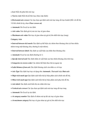 o Low Hiển thị phía bên trái trục

o Next to Axis Hiển thị k bên trục (theo mặc định)

 Horizontal axis crosses Các l a ch n qui định cách mà trục tung cắt trục hoành (Đ i với đồ thị
3-D đó chính là tùy ch n Floor crosses at)

o Automatic Do Excel t xác định.

o Axis value Xác định giá trị mà các trục sẽ giao nhau

o Maximum axis value Hai trục sẽ giao nhau tại giá trị lớn nhất trên trục (tung)

Category Axis

 Interval between tick marks Xác định s thể hiện các nhóm theo khoảng chia (có bao nhiêu
nhóm trong một khoảng chia, thường là một nhóm).

 Interval between labels Xác định s xuất hiện của nhãn theo khoảng chia

o Automatic Excel t xác định (thường là 1)

o Specify interval unit Xác định nhãn sẽ xuất hiện sau bao nhiêu khoảng chia trên trục.

 Categories in reverse order Các nhóm thể hiện theo thứ t ngược lại

 Label distance from axis Xác định khoảng cách của nhãn so với trục

 Axis Type Xác định loại trục sử dụng như Automatic, Text axis hoặc Date axis

 Major tick mark type Qui định cách hiển thị ký hiệu phân cách chính trên đồ thị.

Minor tick mark type Qui định cách hiển thị ký hiệu phân cách phụ trên đồ thị.

 Axis labels Xác định cách hiển thị các nhãn trên trục

 Vertical axis crosses Các l a ch n qui định cách mà trục tung cắt trục tung

o Automatic Do Excel t xác định.

o At category number Xác định s nhóm mà tại đó các trục sẽ giao nhau

o At maximum category Hai trục sẽ giao nhau tại giá trị lớn nhất trên trục
 