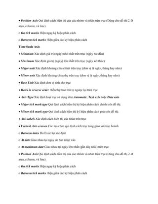  Position Axis Qui định cách hiển thị của các nhóm và nhãn trên trục (Dùng cho đồ thị 2-D
area, column, và line).

o On tick marks Hiện ngay ký hiệu phân cách

o Between tick marks Hiện giữa các ký hiệu phân cách

Time Scale Axis

 Minimum Xác định giá trị (ngày) nhỏ nhất trên trục (ngày bắt đầu)

 Maximum Xác định giá trị (ngày) lớn nhất trên trục (ngày k t thúc)

 Major unit Xác định khoảng chia chính trên trục (đơn vị là ngày, tháng hay năm)

 Minor unit Xác định khoảng chia phụ trên trục (đơn vị là ngày, tháng hay năm)

 Base Unit Xác định đơn vị tính cho trục

 Dates in reverse order Hiển thị theo thứ t ngược lại trên trục

 Axis Type Xác định loại trục sử dụng như Automatic, Text axis hoặc Date axis

 Major tick mark type Qui định cách hiển thị ký hiệu phân cách chính trên đồ thị.

 Minor tick mark type Qui định cách hiển thị ký hiệu phân cách phụ trên đồ thị.

 Axis labels Xác định cách hiển thị các nhãn trên trục

 Vertical Axis crosses Các l a ch n qui định cách trục tung giao với trục hoành

o Between dates Do Excel t xác định

o At date Giao nhau tại ngày do bạn nhập vào

o At maximum date Giao nhau tại ngày lớn nhất (gần đây nhất) trên trục

 Position Axis Qui định cách hiển thị của các nhóm và nhãn trên trục (Dùng cho đồ thị 2-D
area, column, và line).

o On tick marks Hiện ngay ký hiệu phân cách

o Between tick marks Hiện giữa các ký hiệu phân cách
 