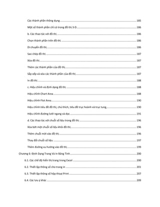 Các thành phần thông ụng .......................................................................................................... 185

            ột số thành phần chỉ có trong đồ thị 3-D................................................................................... 186

         b. Các thao tác với đồ thị .............................................................................................................. 186

         Chọn thành phần trên đồ thị ........................................................................................................ 186

         Di chuyển đồ thị ............................................................................................................................ 186

         Sao ch p đồ thị ............................................................................................................................. 187

           óa đồ thị ...................................................................................................................................... 187

         Thêm các thành phần của đồ thị................................................................................................... 187

         Sắp xếp và xóa các thành phần của đồ thị .................................................................................... 187

          n đồ thị ......................................................................................................................................... 188

         c. Hiệu chỉnh và định dạng đồ thị ................................................................................................. 188

         Hiệu chỉnh Chart Area ................................................................................................................... 188

         Hiệu chỉnh Flot Area...................................................................................................................... 190

         Hiệu chỉnh tiêu đề đồ thị, ch thích, tiêu đề trục hoành và trục tung, ...................................... 190

         Hiệu chỉnh đường lưới ngang và ọc ............................................................................................ 191

         d. Các thao tác với chuỗi số liệu trong đồ thị ............................................................................... 196

           óa bớt một chuỗi số liệu khỏi đồ thị ........................................................................................... 196

         Thêm chuỗi mới vào đồ thị ........................................................................................................... 196

         Thay đổi chuỗi số liệu ................................................................................................................... 197

         Thêm đường xu hướng vào đồ thị ................................................................................................ 199

Chương 6: Định Dạng Trang Và In Bảng Tính ............................................................................................ 200

      6.1. Các chế độ hiển thị trang trong Excel ........................................................................................ 200

      6.2. Thiết lập thông số cho trang in .................................................................................................. 201

      6.3. Thiết lập thông số hộp thoại Print ............................................................................................. 207

      6.4. Các lưu { khác ............................................................................................................................ 209
 