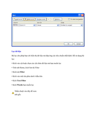 Lọc dữ liệu

Bộ l c cho phép bạn chỉ hiển thị dữ liệu mà đáp ứng các tiêu chuẩn nhất định. Để sử dụng bộ
l c:

• Kích vào cột hoặc ch n các cột chứa dữ liệu mà bạn mu n l c

• Trên tab Home, kích Sort & Filter

• Kích nút Filter

• Kích vào mũi tên phía dưới ô đầu tiên

• Kích Text Filter

• Kích Words bạn mu n l c


       Nhấn chuột vào đây để xem
       ảnh g c
 