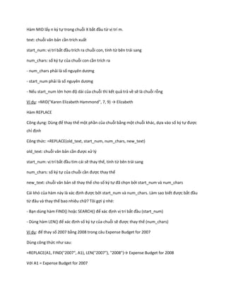 Hàm MID lấy n ký tự trong chuỗi X bắt đầu từ vị trí m. 
text: chuỗi văn bản cần trích xuất 
start_num: vị trí bắt đầu trích ra chuỗi con, tính từ bên trái sang 
num_chars: số ký tự của chuỗi con cần trích ra 
- num_chars phải là số nguyên ương 
- start_num phải là số nguyên ương 
- Nếu start_num lớn hơn độ dài của chuỗi thì kết quả trả về sẽ là chuỗi rỗng 
Ví dụ: = D("Karen Elizabeth Hammon ", 7, 9) → Elizabeth 
Hàm REPLACE 
Công dụng: Dùng để thay thế một phần của chuỗi bằng một chuỗi khác, dựa vào số ký tự được chỉ định 
Công thức: =REPLACE(old_text, start_num, num_chars, new_text) 
old_text: chuỗi văn bản cần được xử lý 
start_num: vị trí bắt đầu tìm cái sẽ thay thế, tính từ bên trái sang 
num_chars: số ký tự của chuỗi cần được thay thế 
new_text: chuỗi văn bản sẽ thay thế cho số ký tự đã chọn bởi start_num và num_chars 
Cái khó của hàm này là xác định được bởi start_num và num_chars. Làm sao biết được bắt đầu từ đâu và thay thế bao nhiêu chữ? Tôi gợi ý nhé: 
- Bạn dùng hàm FIND() hoặc SEARCH() để xác định vị trí bắt đầu (start_num) 
- Dùng hàm LEN() để xác định số ký tự của chuỗi sẽ được thay thế (num_chars) 
Ví dụ: đế thay số 2007 bằng 2008 trong câu Expense Budget for 2007 
Dùng công thức như sau: 
=REPLACE(A1, F ND("2007", A1), LEN("2007"), "2008")→ Expense Bu get for 2008 
Với A1 = Expense Budget for 2007  