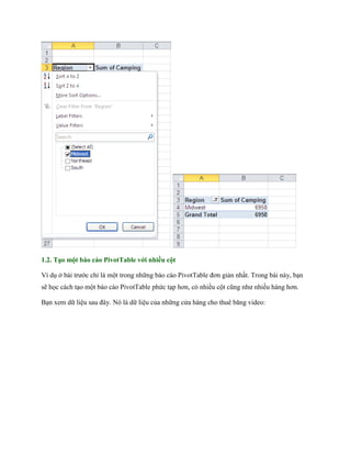 1.2. Tạo một báo cáo PivotTable với nhiều cột 
Ví dụ ở bài trước chỉ là một trong những báo cáo PivotTable đơn giản nhất. Trong bài này, bạn sẽ h c cách tạo một báo cáo PivotTable phức tạp hơn, có nhiều cột cũng như nhiều hàng hơn. 
Bạn xem dữ liệu sau đây. Nó là dữ liệu của những cửa hàng cho thuê băng video:  