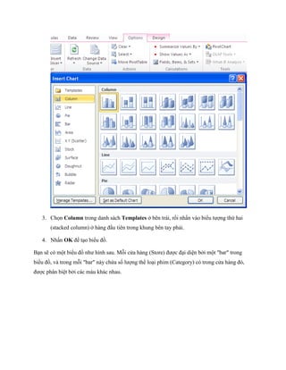 3. Ch n Column trong danh sách Templates ở bên trái, rồi nhấn vào biểu tượng thứ hai (stacked column) ở hàng đầu tiên trong khung bên tay phải. 
4. Nhấn OK để tạo biểu đồ. 
Bạn sẽ có một biểu đồ như hình sau. Mỗi cửa hàng (Store) được đại diện bởi một "bar" trong biểu đồ, và trong mỗi "bar" này chứa s lượng thể loại phim (Category) có trong cửa hàng đó, được phân biệt bởi các màu khác nhau.  
