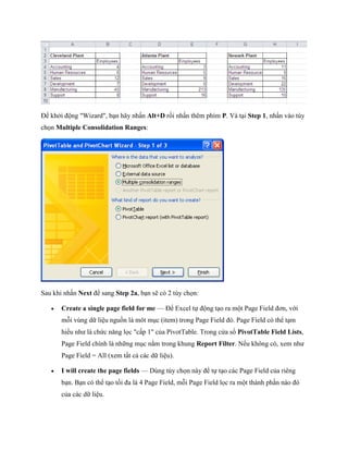 Để khởi động "Wizard", bạn hãy nhấn Alt+D rồi nhấn thêm phím P. Và tại Step 1, nhấn vào tùy ch n Multiple Consolidation Ranges: 
Sau khi nhấn Next để sang Step 2a, bạn sẽ có 2 tùy ch n: 
 Create a single page field for me — Để Excel t động tạo ra một Page Field đơn, với mỗi vùng dữ liệu nguồn là môt mục (item) trong Page Field đó. Page Field có thể tạm hiểu như là chức năng l c "cấp 1" của PivotTable. Trong cửa sổ PivotTable Field Lists, Page Field chính là những mục nằm trong khung Report Filter. N u không có, xem như Page Field = All (xem tất cả các dữ liệu). 
 I will create the page fields — Dùng tùy ch n này để t tạo các Page Field của riêng bạn. Bạn có thể tạo t i đa là 4 Page Field, mỗi Page Field l c ra một thành phần nào đó của các dữ liệu.  