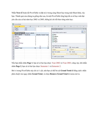 Nhấn Next để hoàn tất PivotTable và đặt nó ở trong cùng Sheet hay trong một Sheet khác, tùy bạn. Thành quả của chúng ta gi ng như sau, là một PivotTable tổng hợp tất cả s h c sinh đạt yêu cầu của cả hai năm h c 2002 và 2003, th ng kê chi ti t theo từng môn h c: 
N u bạn nhấn nhãn Page 1, bạn sẽ có hai l a ch n: Year 2002 và Year 2003; cũng vậy, khi nhấn nhãn Page 2, bạn sẽ có hai l a ch n: Semester 1 và Semester 2. 
Bởi vì trong PivotTable này chỉ có 1 cột, nên bạn có thể bỏ cái Grand Total đi bằng cách: nhấn phải chuột vào ngay nhãn Grand Total, và ch n Remove Grand Total từ menu mở ra.  
