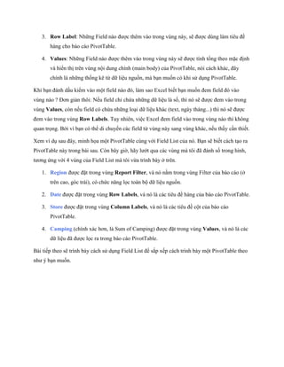 3. Row Label: Những Field nào được thêm vào trong vùng này, sẽ được dùng làm tiêu đề hàng cho báo cáo PivotTable. 
4. Values: Những Field nào được thêm vào trong vùng này sẽ được tính tổng theo mặc định và hiển thị trên vùng nội dung chính (main body) của PivotTable, nói cách khác, đây chính là những th ng kê từ dữ liệu nguồn, mà bạn mu n có khi sử dụng PivotTable. 
Khi bạn đánh dấu kiểm vào một field nào đó, làm sao Excel bi t bạn mu n đem field đó vào vùng nào ? Đơn giản thôi: N u field chỉ chứa những dữ liệu là s , thì nó sẽ được đem vào trong vùng Values, còn n u field có chứa những loại dữ liệu khác (text, ngày tháng...) thì nó sẽ được đem vào trong vùng Row Labels. Tuy nhiên, việc Excel đem field vào trong vùng nào thì không quan tr ng. Bởi vì bạn có thể di chuyển các field từ vùng này sang vùng khác, n u thấy cần thi t. 
Xem ví dụ sau đây, minh h a một PivotTable cùng với Field List của nó. Bạn sẽ bi t cách tạo ra PivotTable này trong bài sau. Còn bây giờ, hãy lướt qua các vùng mà tôi đã đánh s trong hình, tương ứng với 4 vùng của Field List mà tôi vừa trình bày ở trên. 
1. Region được đặt trong vùng Report Filter, và nó nằm trong vùng Filter của báo cáo (ở trên cao, góc trái), có chức năng l c toàn bộ dữ liệu nguồn. 
2. Date được đặt trong vùng Row Labels, và nó là các tiêu đề hàng của báo cáo PivotTable. 
3. Store được đặt trong vùng Column Labels, và nó là các tiêu đề cột của báo cáo PivotTable. 
4. Camping (chính xác hơn, là Sum of Camping) được đặt trong vùng Values, và nó là các dữ liệu đã được l c ra trong báo cáo PivotTable. 
Bài ti p theo sẽ trình bày cách sử dụng Field List để sắp x p cách trình bày một PivotTable theo như ý bạn mu n.  