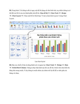 B3. Xong bước 2 là chúng ta đã có ngay một đồ thị dạng cột như hình trên, tuy nhiên chúng ta có thể đổi các b trí của các thành phần trên đồ thị. Chọn đồ thị Chart Tools Design Chart Layout  n cách b trí thích hợp. Ví dụ ta ch n kiểu Layout 3 trong Chart Layout. 
L a ch n layout 
B4. Đảo các chuỗi s liệu từ dòng thành cột và ngược lại: Chart Tools Design Data Switch Row/Column. Chúng ta th c hiện lệnh này khi các đồ thị ở bước trên chưa hiển thị đúng như mong mu n. Ví dụ chúng ta mu n nhóm các nhóm tuổi lại để dễ so sánh giữa các tháng với nhau.  