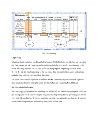 Địa chỉ ô và vùng 
Chọn vùng 
N u dùng chuột, trước tiên bạn dùng chuột di chuyển ô hiện hành đ n góc trên bên trái của vùng cần ch n, sau đó giữ trái chuột kéo xu ng dưới qua phải đ n vị trí ô cu i cùng của vùng và thả chuột. N u dùng phím thì sau khi ch n ô đầu tiên bạn giữ phím Shift trong khi nhấn phím và để đ n ô cu i của vùng và thả các phím. (Bạn cũng có thể làm ngược lại là ch n ô cu i của vùng trước và kéo ch n đ n ô đầu tiên). 
Khi mu n ch n cả sheet hiện hành thì nhấn <Ctrl+A>, còn mu n ch n cả workbook (nghĩa là ch n tất cả các sheet) thì nhấp phải chuột lên thanh sheet tab và ch n Select All Sheets. 
Sao chép và di chuyển vùng 
Sao chép (copy) giúp ta nhân bản một vùng nào đó đ n một nơi nào đó trong bảng tính và dữ liệu g c còn nguyên, còn di chuyển vùng thì cũng như sao chép nhưng dữ liệu g c sẽ được di dời đ n vị trí mới. Để sao chép hay di chuyển trước tiên bạn phải ch n vùng cần sao chép hay di chuyển, sau đó có thể dùng nút lệnh, phím tắt hay dùng chuột để th c hiện:  