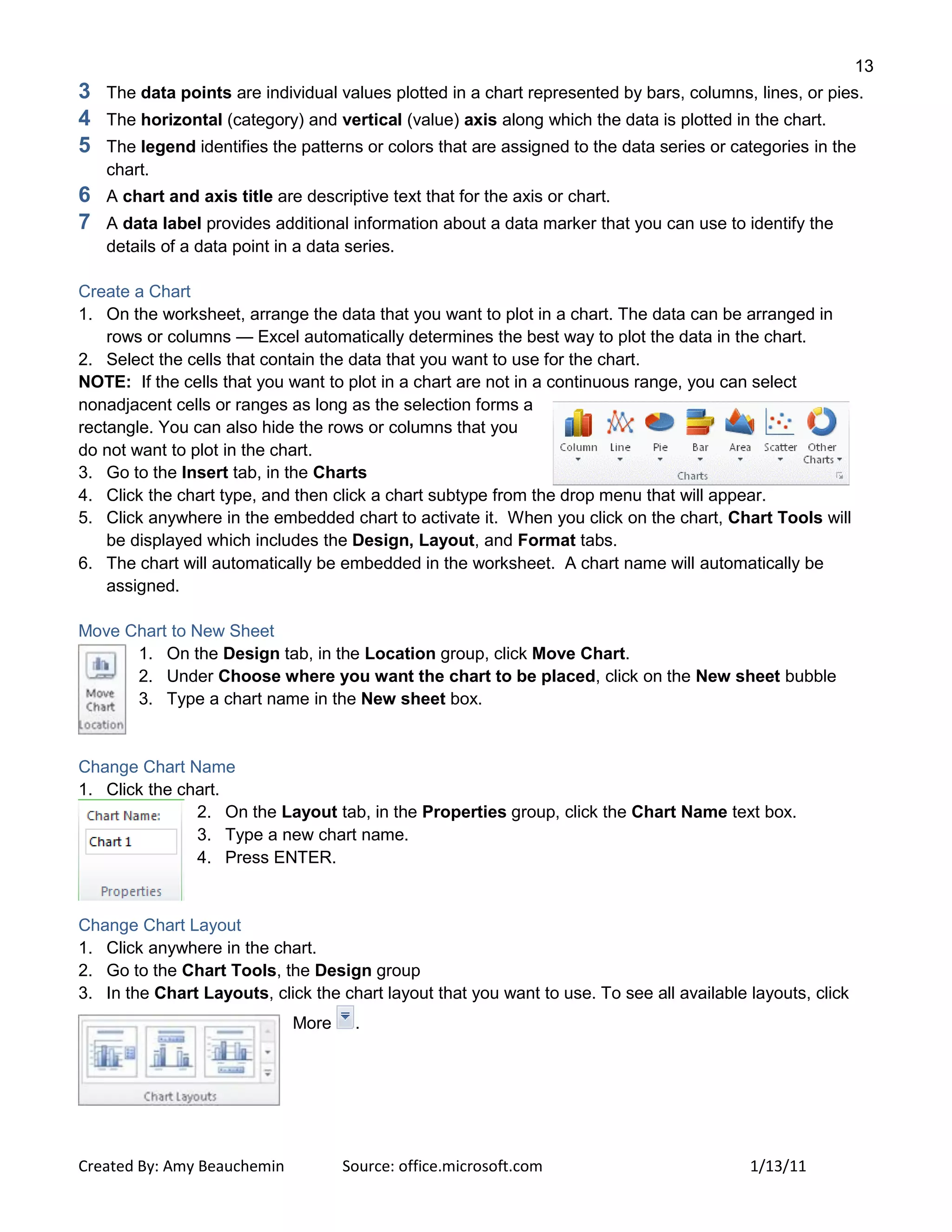 13
Created By: Amy Beauchemin Source: office.microsoft.com 1/13/11
3 The data points are individual values plotted in a chart represented by bars, columns, lines, or pies.
4 The horizontal (category) and vertical (value) axis along which the data is plotted in the chart.
5 The legend identifies the patterns or colors that are assigned to the data series or categories in the
chart.
6 A chart and axis title are descriptive text that for the axis or chart.
7 A data label provides additional information about a data marker that you can use to identify the
details of a data point in a data series.
Create a Chart
1. On the worksheet, arrange the data that you want to plot in a chart. The data can be arranged in
rows or columns — Excel automatically determines the best way to plot the data in the chart.
2. Select the cells that contain the data that you want to use for the chart.
NOTE: If the cells that you want to plot in a chart are not in a continuous range, you can select
nonadjacent cells or ranges as long as the selection forms a
rectangle. You can also hide the rows or columns that you
do not want to plot in the chart.
3. Go to the Insert tab, in the Charts
4. Click the chart type, and then click a chart subtype from the drop menu that will appear.
5. Click anywhere in the embedded chart to activate it. When you click on the chart, Chart Tools will
be displayed which includes the Design, Layout, and Format tabs.
6. The chart will automatically be embedded in the worksheet. A chart name will automatically be
assigned.
Move Chart to New Sheet
1. On the Design tab, in the Location group, click Move Chart.
2. Under Choose where you want the chart to be placed, click on the New sheet bubble
3. Type a chart name in the New sheet box.
Change Chart Name
1. Click the chart.
2. On the Layout tab, in the Properties group, click the Chart Name text box.
3. Type a new chart name.
4. Press ENTER.
Change Chart Layout
1. Click anywhere in the chart.
2. Go to the Chart Tools, the Design group
3. In the Chart Layouts, click the chart layout that you want to use. To see all available layouts, click
More .
 