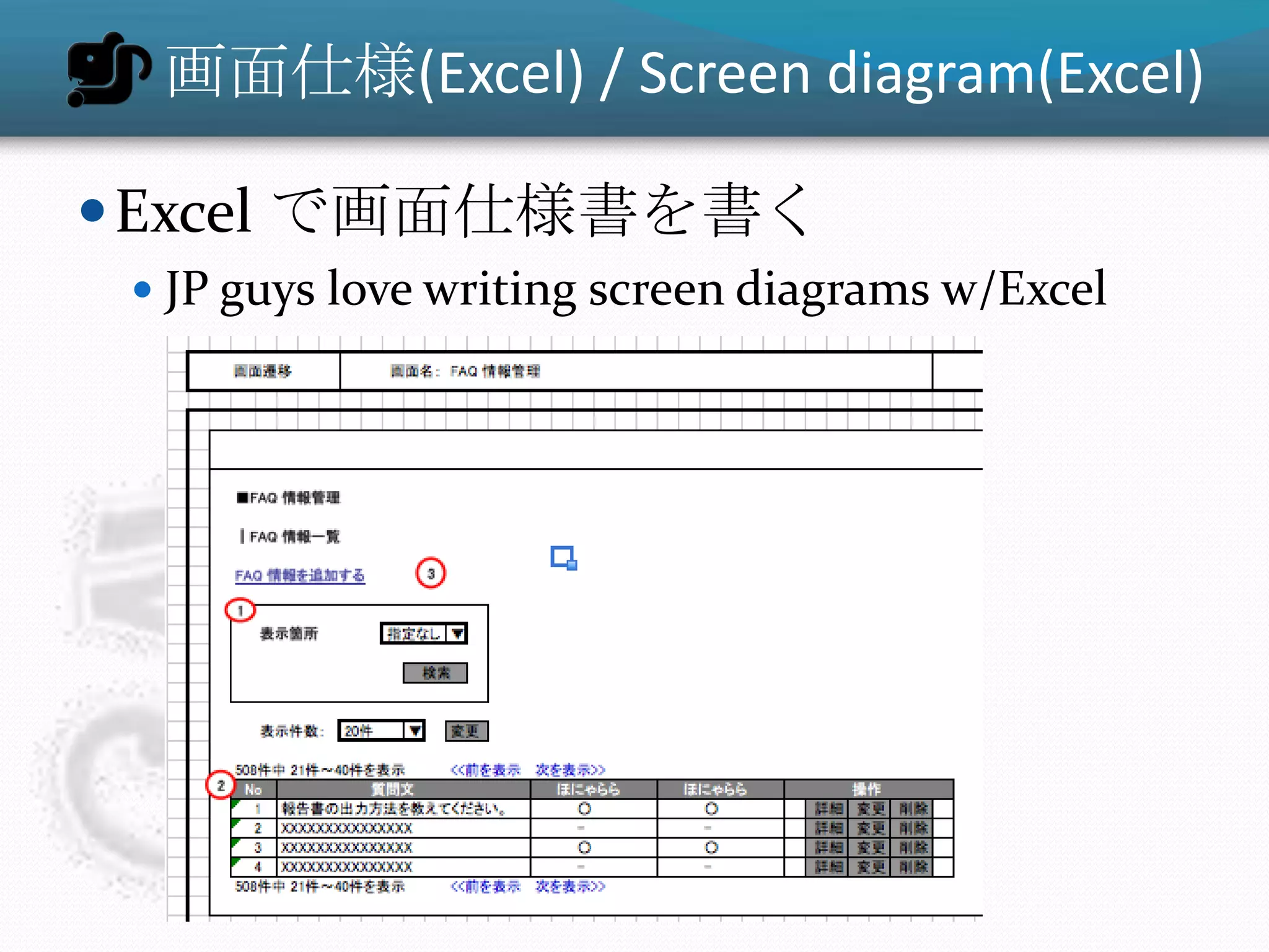 画面仕様(Excel) / Screen diagram(Excel)

 Excel で画面仕様書を書く
  JP guys love writing screen diagrams w/Excel
 