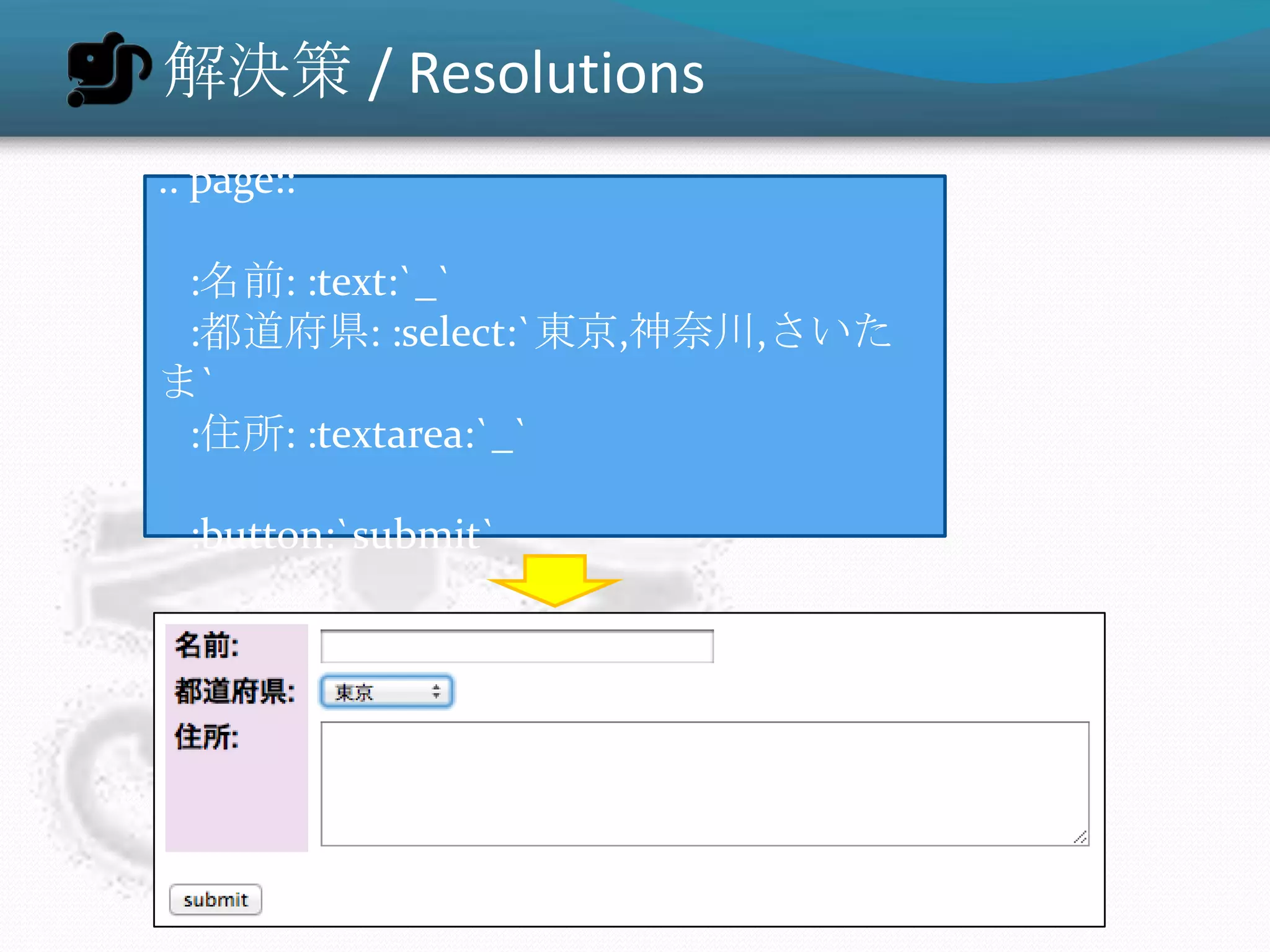解決策 / Resolutions
.. page::

 :名前: :text:`_`
 :都道府県: :select:`東京,神奈川,さいた
ま`
 :住所: :textarea:`_`

  :button:`submit`
 