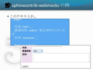 sphinxcontrib-webmocks の例

 このテキストが…
  .. page::

  :名前: :text:`_`
  :都道府県: :select:`東京,神奈川,さいた
 ま`
  :住所: :textarea:`_`

  :button:`submit`
 