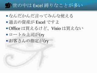 世の中は Excel 縛りなことが多い

 なんだかんだ言ってみんな使える
 過去の資産が Excel ですよ
 Office は買えるけど、Visio は買えない
 ロートル上司が(ry
 お客さんの指定が(ry
 