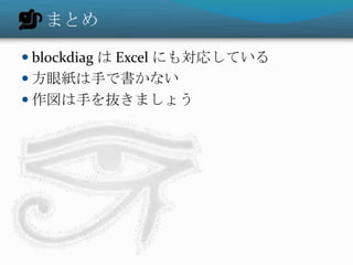 まとめ

 blockdiag は Excel にも対応している
 方眼紙は手で書かない
 作図は手を抜きましょう
 