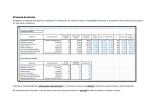 Propuesta de ejercicio
El objetivo principal de este ejercicio es practicar la introducción de cálculos simples, la duplicidad de fórmulas y la aplicación de formatos para los valores
de tipo fecha y numéricos .
Los valores representados con letra cursiva y de color azul son valores que se tienen que calcular mediante las operaciones de cálculo necesarias.
Es importante que el formato, tanto del texto como de los valores numéricos se asemeje lo máximo posible a la muestra anterior.
 