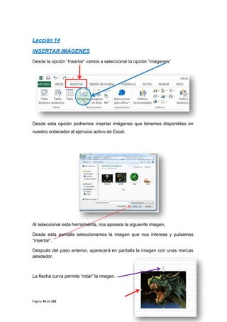 Lección 14
INSERTAR IMÁGENES
Desde la opción “Insertar“ vamos a seleccionar la opción “imágenes”
Desde esta opción podremos insertar imágenes que tenemos disponibles en
nuestro ordenador al ejercicio activo de Excel.
Al seleccionar esta herramienta, nos aparece la siguiente imagen,
Desde esta pantalla seleccionamos la imagen que nos interesa y pulsamos
“insertar”.
Después del paso anterior, aparecerá en pantalla la imagen con unas marcas
alrededor,
La flecha curva permite “rotar” la imagen.
Página 34 de 102
 