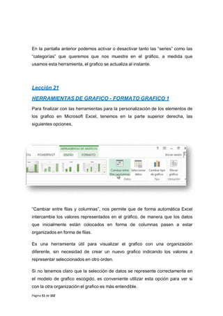 Página 51 de 102
En la pantalla anterior podemos activar o desactivar tanto las “series” como las
“categorías” que queremos que nos muestre en el gráfico, a medida que
usamos esta herramienta, el grafico se actualiza al instante.
Lección 21
HERRAMIENTAS DE GRAFICO - FORMATO GRAFICO 1
Para finalizar con las herramientas para la personalización de los elementos de
los grafico en Microsoft Excel, tenemos en la parte superior derecha, las
siguientes opciones,
“Cambiar entre filas y columnas”, nos permite que de forma automática Excel
intercambie los valores representados en el gráfico, de manera que los datos
que inicialmente están colocados en forma de columnas pasen a estar
organizados en forma de filas.
Es una herramienta útil para visualizar el grafico con una organización
diferente, sin necesidad de crear un nuevo grafico indicando los valores a
representar seleccionados en otro orden.
Si no tenemos claro que la selección de datos se represente correctamente en
el modelo de grafico escogido, es conveniente utilizar esta opción para ver si
con la otra organización el grafico es más entendible.
 