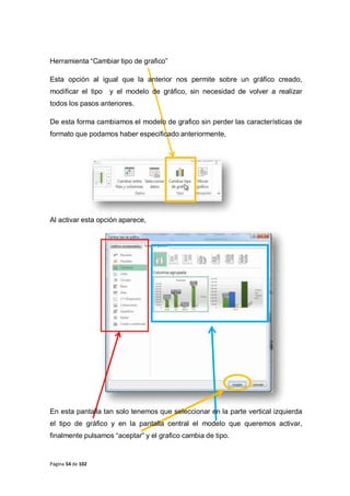 Página 54 de 102
Herramienta “Cambiar tipo de grafico”
Esta opción al igual que la anterior nos permite sobre un gráfico creado,
modificar el tipo y el modelo de gráfico, sin necesidad de volver a realizar
todos los pasos anteriores.
De esta forma cambiamos el modelo de grafico sin perder las características de
formato que podamos haber especificado anteriormente,
Al activar esta opción aparece,
En esta pantalla tan solo tenemos que seleccionar en la parte vertical izquierda
el tipo de gráfico y en la pantalla central el modelo que queremos activar,
finalmente pulsamos “aceptar” y el grafico cambia de tipo.
 
