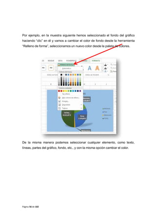 Página 56 de 102
Por ejemplo, en la muestra siguiente hemos seleccionado el fondo del gráfico
haciendo “clic” en él y vamos a cambiar el color de fondo desde la herramienta
“Relleno de forma”, seleccionamos un nuevo color desde la paleta de colores.
De la misma manera podemos seleccionar cualquier elemento, como texto,
líneas, partes del gráfico, fondo, etc., y con la misma opción cambiar el color.
 