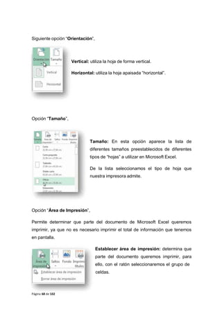 Siguiente opción “Orientación”,
Vertical: utiliza la hoja de forma vertical.
Horizontal: utiliza la hoja apaisada “horizontal”.
Opción “Tamaño”,
Tamaño: En esta opción aparece la lista de
diferentes tamaños preestablecidos de diferentes
tipos de “hojas” a utilizar en Microsoft Excel.
De la lista seleccionamos el tipo de hoja que
nuestra impresora admite.
Opción “Área de Impresión”,
Permite determinar que parte del documento de Microsoft Excel queremos
imprimir, ya que no es necesario imprimir el total de información que tenemos
en pantalla.
Establecer área de impresión: determina que
parte del documento queremos imprimir, para
ello, con el ratón seleccionaremos el grupo de
celdas.
Página 68 de 102
 