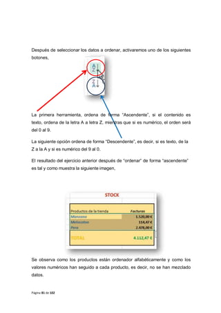 Página 81 de 102
Después de seleccionar los datos a ordenar, activaremos uno de los siguientes
botones,
La primera herramienta, ordena de forma “Ascendente”, si el contenido es
texto, ordena de la letra A a letra Z, mientras que si es numérico, el orden será
del 0 al 9.
La siguiente opción ordena de forma “Descendente”, es decir, si es texto, de la
Z a la A y si es numérico del 9 al 0.
El resultado del ejercicio anterior después de “ordenar” de forma “ascendente”
es tal y como muestra la siguiente imagen,
Se observa como los productos están ordenador alfabéticamente y como los
valores numéricos han seguido a cada producto, es decir, no se han mezclado
datos.
 