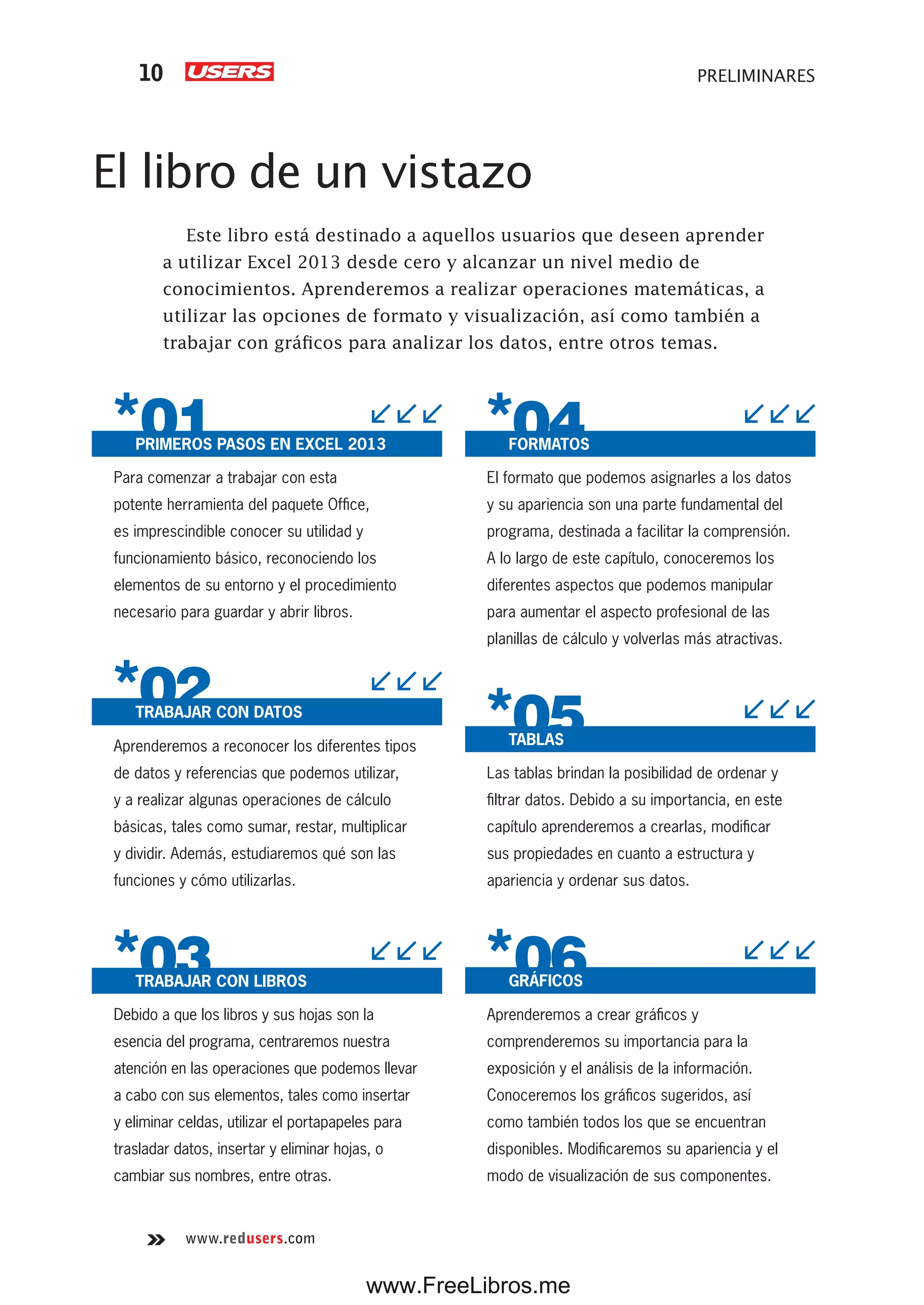 www.redusers.com
PRELIMINARES10
El libro de un vistazo
Este libro está destinado a aquellos usuarios que deseen aprender
a utilizar Excel 2013 desde cero y alcanzar un nivel medio de
conocimientos. Aprenderemos a realizar operaciones matemáticas, a
utilizar las opciones de formato y visualización, así como también a
trabajar con gráficos para analizar los datos, entre otros temas.
PRIMEROS PASOS EN EXCEL 2013
Para comenzar a trabajar con esta
potente herramienta del paquete Office,
es imprescindible conocer su utilidad y
funcionamiento básico, reconociendo los
elementos de su entorno y el procedimiento
necesario para guardar y abrir libros.
TRABAJAR CON DATOS
Aprenderemos a reconocer los diferentes tipos
de datos y referencias que podemos utilizar,
y a realizar algunas operaciones de cálculo
básicas, tales como sumar, restar, multiplicar
y dividir. Además, estudiaremos qué son las
funciones y cómo utilizarlas.
TRABAJAR CON LIBROS
Debido a que los libros y sus hojas son la
esencia del programa, centraremos nuestra
atención en las operaciones que podemos llevar
a cabo con sus elementos, tales como insertar
y eliminar celdas, utilizar el portapapeles para
trasladar datos, insertar y eliminar hojas, o
cambiar sus nombres, entre otras.
FORMATOS
El formato que podemos asignarles a los datos
y su apariencia son una parte fundamental del
programa, destinada a facilitar la comprensión.
A lo largo de este capítulo, conoceremos los
diferentes aspectos que podemos manipular
para aumentar el aspecto profesional de las
planillas de cálculo y volverlas más atractivas.
TABLAS
Las tablas brindan la posibilidad de ordenar y
filtrar datos. Debido a su importancia, en este
capítulo aprenderemos a crearlas, modificar
sus propiedades en cuanto a estructura y
apariencia y ordenar sus datos.
GRÁFICOS
Aprenderemos a crear gráficos y
comprenderemos su importancia para la
exposición y el análisis de la información.
Conoceremos los gráficos sugeridos, así
como también todos los que se encuentran
disponibles. Modificaremos su apariencia y el
modo de visualización de sus componentes.
www.FreeLibros.me
 