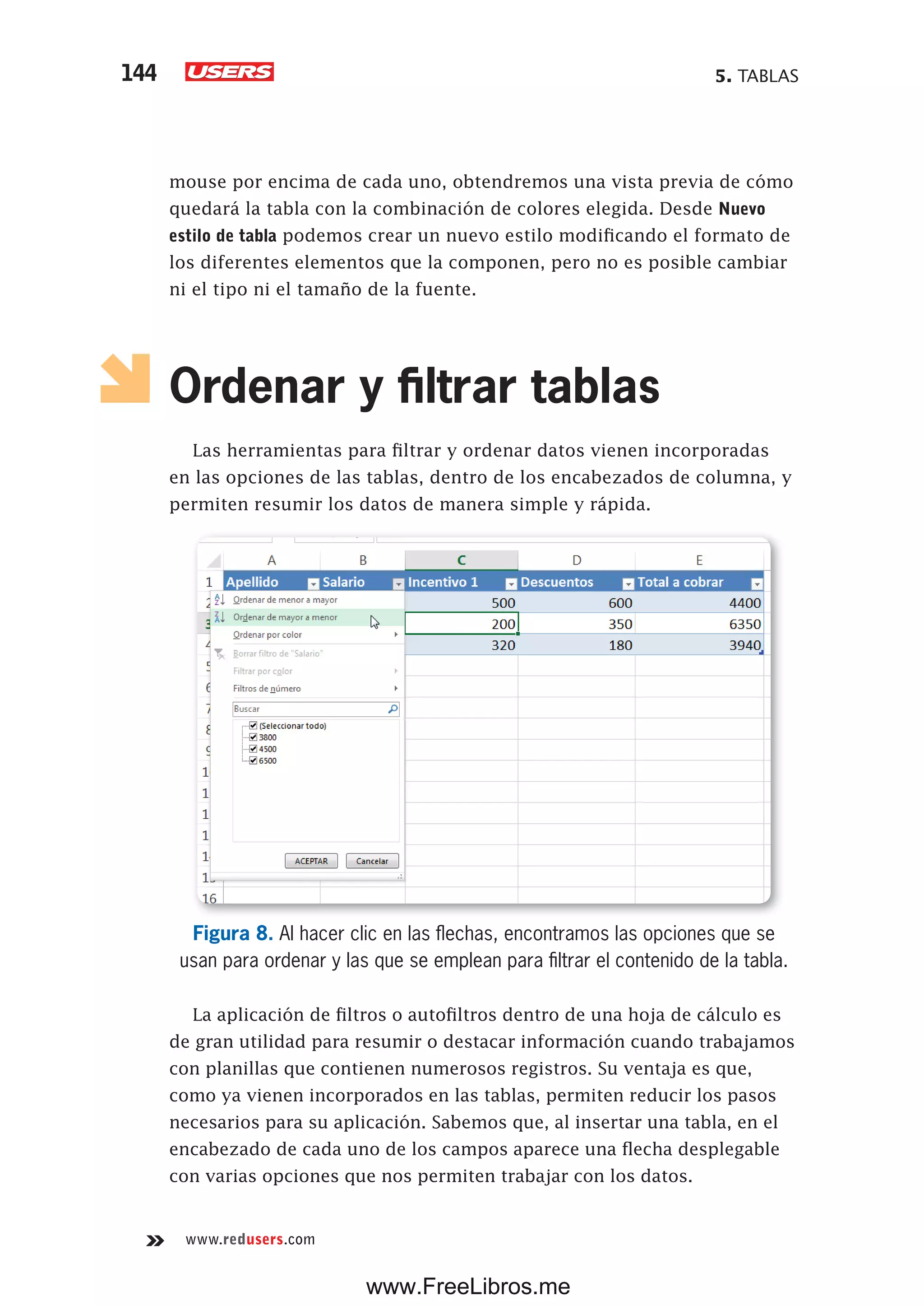 5. TABLAS144
www.redusers.com
mouse por encima de cada uno, obtendremos una vista previa de cómo
quedará la tabla con la combinación de colores elegida. Desde Nuevo
estilo de tabla podemos crear un nuevo estilo modificando el formato de
los diferentes elementos que la componen, pero no es posible cambiar
ni el tipo ni el tamaño de la fuente.
Ordenar y filtrar tablas
Las herramientas para filtrar y ordenar datos vienen incorporadas
en las opciones de las tablas, dentro de los encabezados de columna, y
permiten resumir los datos de manera simple y rápida.
Figura 8. Al hacer clic en las flechas, encontramos las opciones que se
usan para ordenar y las que se emplean para filtrar el contenido de la tabla.
La aplicación de filtros o autofiltros dentro de una hoja de cálculo es
de gran utilidad para resumir o destacar información cuando trabajamos
con planillas que contienen numerosos registros. Su ventaja es que,
como ya vienen incorporados en las tablas, permiten reducir los pasos
necesarios para su aplicación. Sabemos que, al insertar una tabla, en el
encabezado de cada uno de los campos aparece una flecha desplegable
con varias opciones que nos permiten trabajar con los datos.
www.FreeLibros.me
 