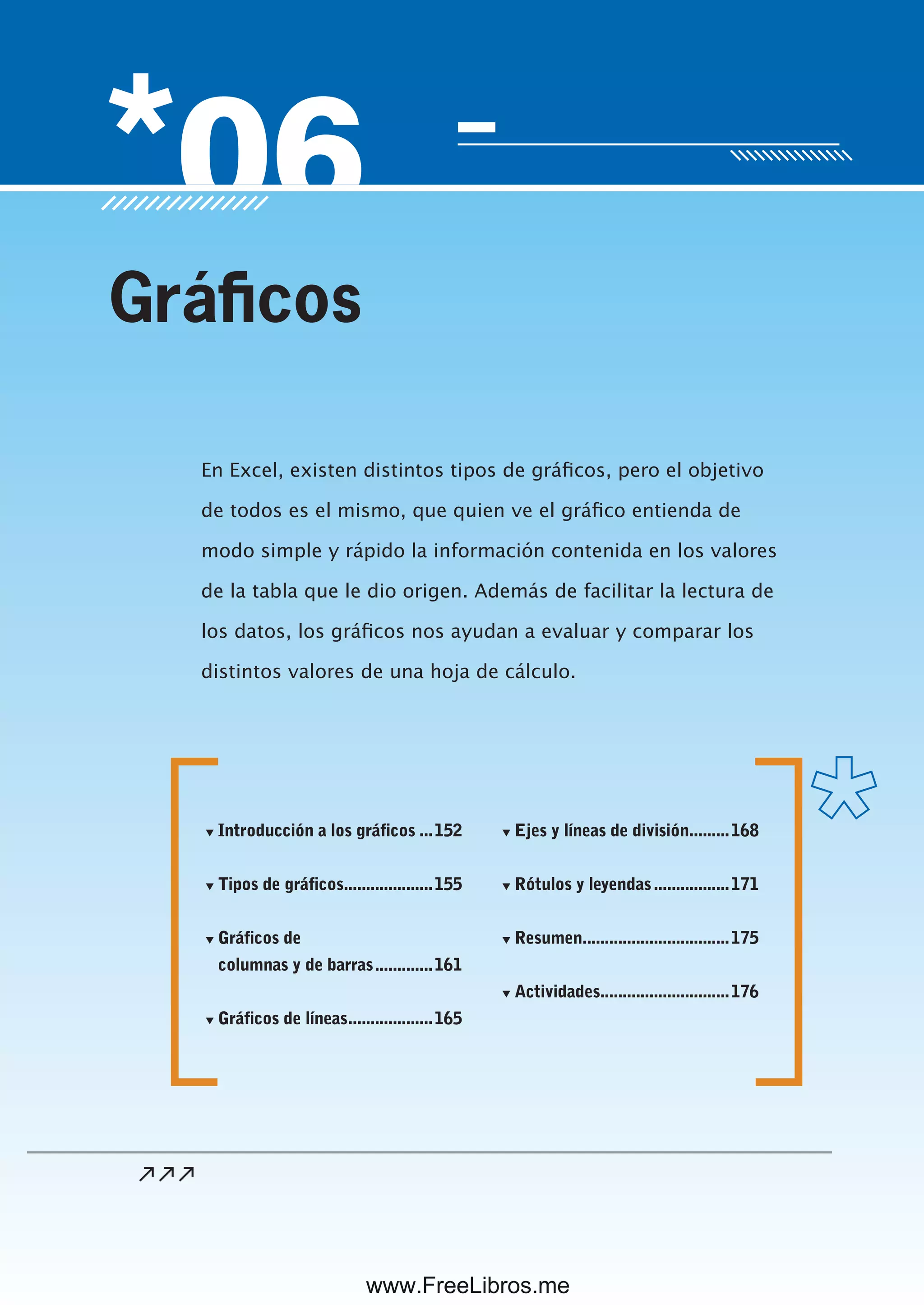 Servicio de atención al lector: usershop@redusers.com
En Excel, existen distintos tipos de gráficos, pero el objetivo
de todos es el mismo, que quien ve el gráfico entienda de
modo simple y rápido la información contenida en los valores
de la tabla que le dio origen. Además de facilitar la lectura de
los datos, los gráficos nos ayudan a evaluar y comparar los
distintos valores de una hoja de cálculo.
Gráficos
▼ Introducción a los gráficos ...152
▼ Tipos de gráficos....................155
▼ Gráficos de
columnas y de barras.............161
▼ Gráficos de líneas...................165
▼ Ejes y líneas de división.........168
▼ Rótulos y leyendas.................171
▼ Resumen.................................175
▼ Actividades.............................176
www.FreeLibros.me
 