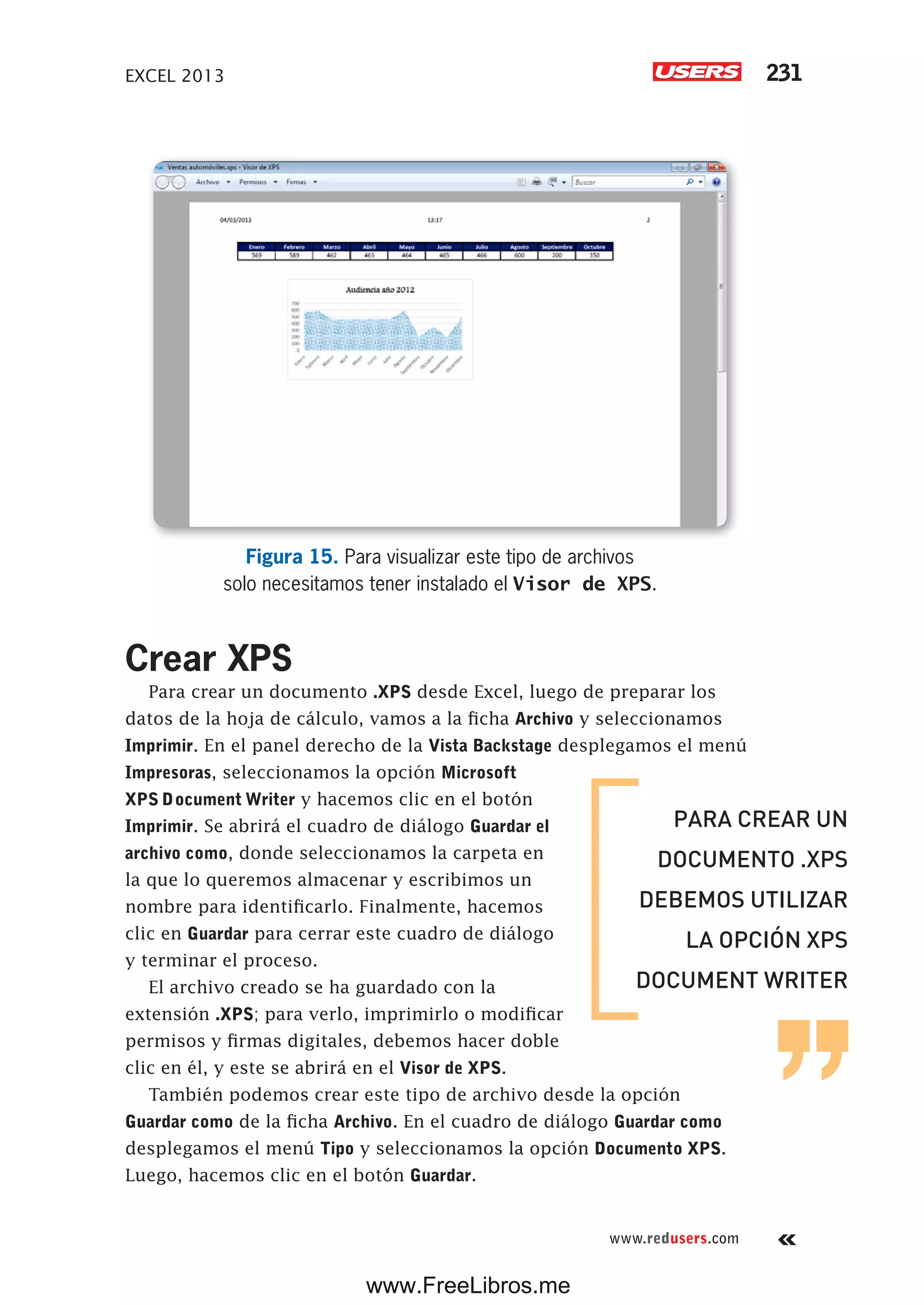 EXCEL 2013 231
www.redusers.com
Figura 15. Para visualizar este tipo de archivos
solo necesitamos tener instalado el Visor de XPS.
Crear XPS
Para crear un documento .XPS desde Excel, luego de preparar los
datos de la hoja de cálculo, vamos a la ficha Archivo y seleccionamos
Imprimir. En el panel derecho de la Vista Backstage desplegamos el menú
Impresoras, seleccionamos la opción Microsoft
XPS Document Writer y hacemos clic en el botón
Imprimir. Se abrirá el cuadro de diálogo Guardar el
archivo como, donde seleccionamos la carpeta en
la que lo queremos almacenar y escribimos un
nombre para identificarlo. Finalmente, hacemos
clic en Guardar para cerrar este cuadro de diálogo
y terminar el proceso.
El archivo creado se ha guardado con la
extensión .XPS; para verlo, imprimirlo o modificar
permisos y firmas digitales, debemos hacer doble
clic en él, y este se abrirá en el Visor de XPS.
También podemos crear este tipo de archivo desde la opción
Guardar como de la ficha Archivo. En el cuadro de diálogo Guardar como
desplegamos el menú Tipo y seleccionamos la opción Documento XPS.
Luego, hacemos clic en el botón Guardar.
PARA CREAR UN
DOCUMENTO .XPS
DEBEMOS UTILIZAR
LA OPCIÓN XPS
DOCUMENT WRITER
www.FreeLibros.me
 