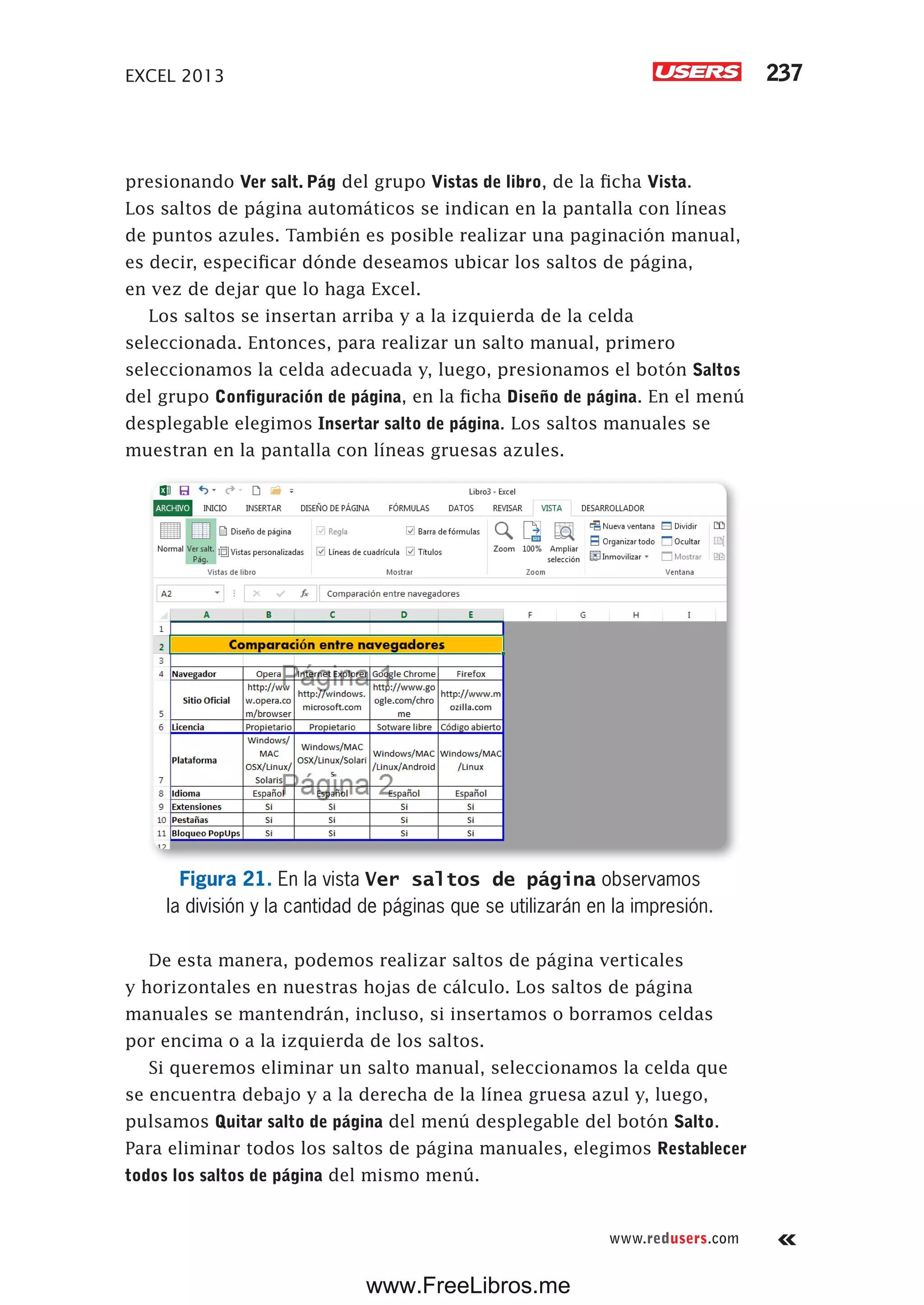 EXCEL 2013 237
www.redusers.com
presionando Ver salt. Pág del grupo Vistas de libro, de la ficha Vista.
Los saltos de página automáticos se indican en la pantalla con líneas
de puntos azules. También es posible realizar una paginación manual,
es decir, especificar dónde deseamos ubicar los saltos de página,
en vez de dejar que lo haga Excel.
Los saltos se insertan arriba y a la izquierda de la celda
seleccionada. Entonces, para realizar un salto manual, primero
seleccionamos la celda adecuada y, luego, presionamos el botón Saltos
del grupo Configuración de página, en la ficha Diseño de página. En el menú
desplegable elegimos Insertar salto de página. Los saltos manuales se
muestran en la pantalla con líneas gruesas azules.
Figura 21. En la vista Ver saltos de página observamos
la división y la cantidad de páginas que se utilizarán en la impresión.
De esta manera, podemos realizar saltos de página verticales
y horizontales en nuestras hojas de cálculo. Los saltos de página
manuales se mantendrán, incluso, si insertamos o borramos celdas
por encima o a la izquierda de los saltos.
Si queremos eliminar un salto manual, seleccionamos la celda que
se encuentra debajo y a la derecha de la línea gruesa azul y, luego,
pulsamos Quitar salto de página del menú desplegable del botón Salto.
Para eliminar todos los saltos de página manuales, elegimos Restablecer
todos los saltos de página del mismo menú.
www.FreeLibros.me
 