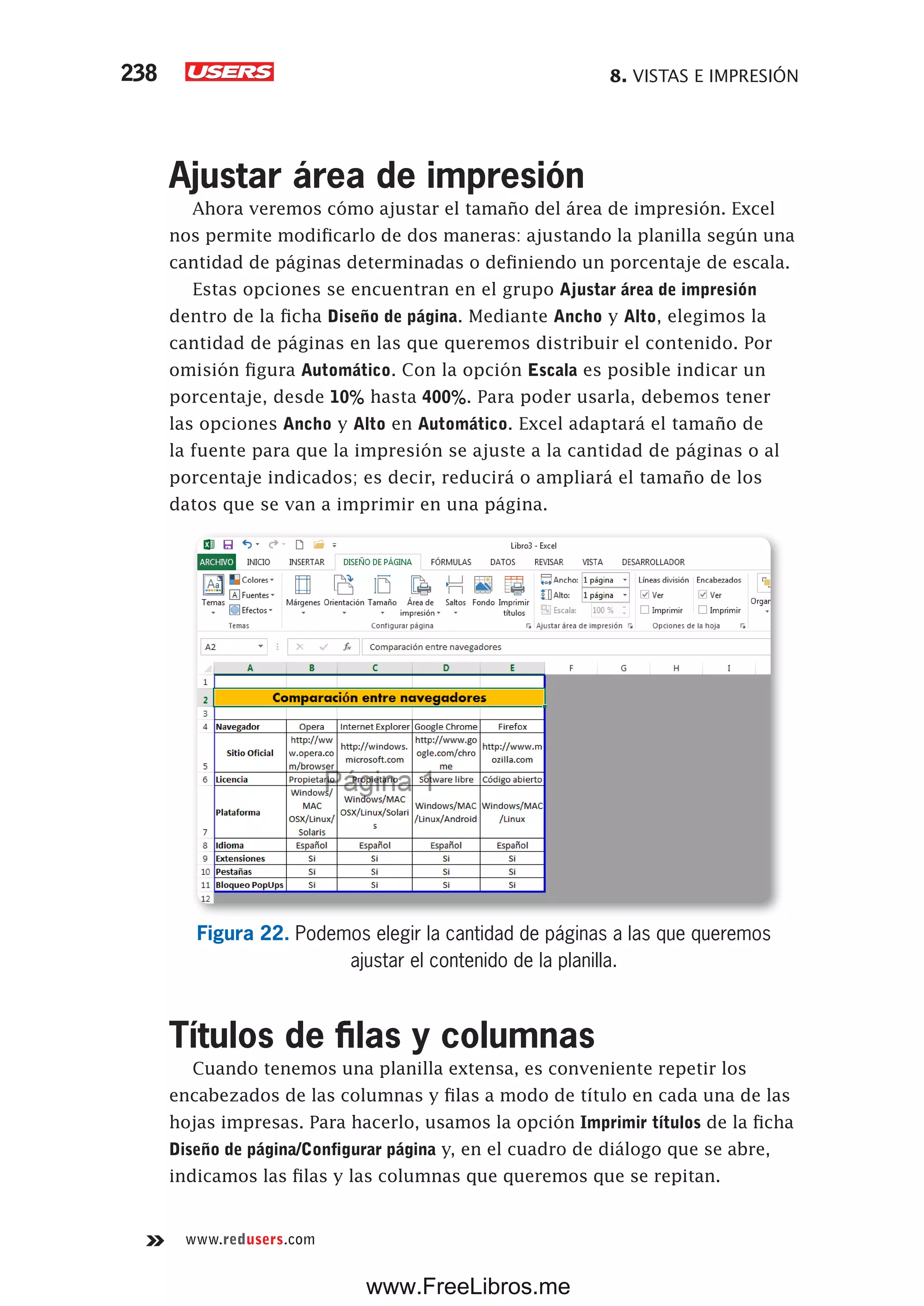 8. VISTAS E IMPRESIÓN238
www.redusers.com
Ajustar área de impresión
Ahora veremos cómo ajustar el tamaño del área de impresión. Excel
nos permite modificarlo de dos maneras: ajustando la planilla según una
cantidad de páginas determinadas o definiendo un porcentaje de escala.
Estas opciones se encuentran en el grupo Ajustar área de impresión
dentro de la ficha Diseño de página. Mediante Ancho y Alto, elegimos la
cantidad de páginas en las que queremos distribuir el contenido. Por
omisión figura Automático. Con la opción Escala es posible indicar un
porcentaje, desde 10% hasta 400%. Para poder usarla, debemos tener
las opciones Ancho y Alto en Automático. Excel adaptará el tamaño de
la fuente para que la impresión se ajuste a la cantidad de páginas o al
porcentaje indicados; es decir, reducirá o ampliará el tamaño de los
datos que se van a imprimir en una página.
Figura 22. Podemos elegir la cantidad de páginas a las que queremos
ajustar el contenido de la planilla.
Títulos de filas y columnas
Cuando tenemos una planilla extensa, es conveniente repetir los
encabezados de las columnas y filas a modo de título en cada una de las
hojas impresas. Para hacerlo, usamos la opción Imprimir títulos de la ficha
Diseño de página/Configurar página y, en el cuadro de diálogo que se abre,
indicamos las filas y las columnas que queremos que se repitan.
www.FreeLibros.me
 