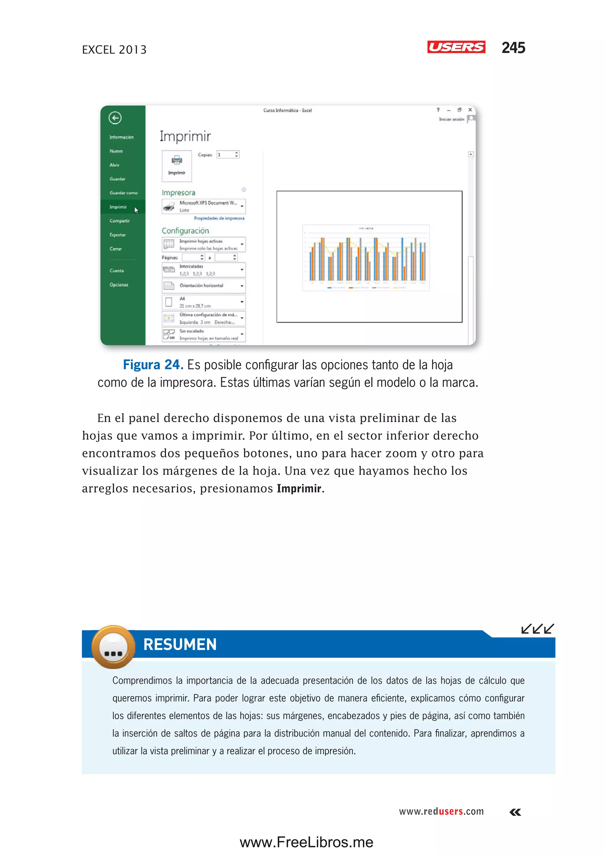 EXCEL 2013 245
www.redusers.com
Figura 24. Es posible configurar las opciones tanto de la hoja
como de la impresora. Estas últimas varían según el modelo o la marca.
En el panel derecho disponemos de una vista preliminar de las
hojas que vamos a imprimir. Por último, en el sector inferior derecho
encontramos dos pequeños botones, uno para hacer zoom y otro para
visualizar los márgenes de la hoja. Una vez que hayamos hecho los
arreglos necesarios, presionamos Imprimir.
Comprendimos la importancia de la adecuada presentación de los datos de las hojas de cálculo que
queremos imprimir. Para poder lograr este objetivo de manera eficiente, explicamos cómo configurar
los diferentes elementos de las hojas: sus márgenes, encabezados y pies de página, así como también
la inserción de saltos de página para la distribución manual del contenido. Para finalizar, aprendimos a
utilizar la vista preliminar y a realizar el proceso de impresión.
RESUMEN
www.FreeLibros.me
 