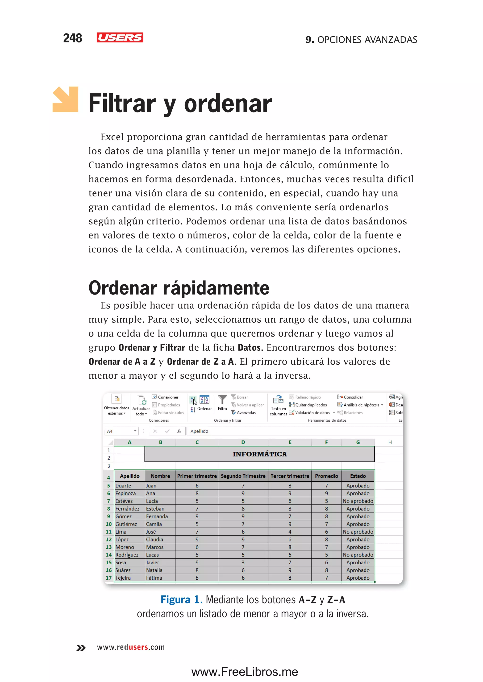 9. OPCIONES AVANZADAS248
www.redusers.com
Filtrar y ordenar
Excel proporciona gran cantidad de herramientas para ordenar
los datos de una planilla y tener un mejor manejo de la información.
Cuando ingresamos datos en una hoja de cálculo, comúnmente lo
hacemos en forma desordenada. Entonces, muchas veces resulta difícil
tener una visión clara de su contenido, en especial, cuando hay una
gran cantidad de elementos. Lo más conveniente sería ordenarlos
según algún criterio. Podemos ordenar una lista de datos basándonos
en valores de texto o números, color de la celda, color de la fuente e
iconos de la celda. A continuación, veremos las diferentes opciones.
Ordenar rápidamente
Es posible hacer una ordenación rápida de los datos de una manera
muy simple. Para esto, seleccionamos un rango de datos, una columna
o una celda de la columna que queremos ordenar y luego vamos al
grupo Ordenar y Filtrar de la ficha Datos. Encontraremos dos botones:
Ordenar de A a Z y Ordenar de Z a A. El primero ubicará los valores de
menor a mayor y el segundo lo hará a la inversa.
Figura 1. Mediante los botones A-Z y Z-A
ordenamos un listado de menor a mayor o a la inversa.
www.FreeLibros.me
 